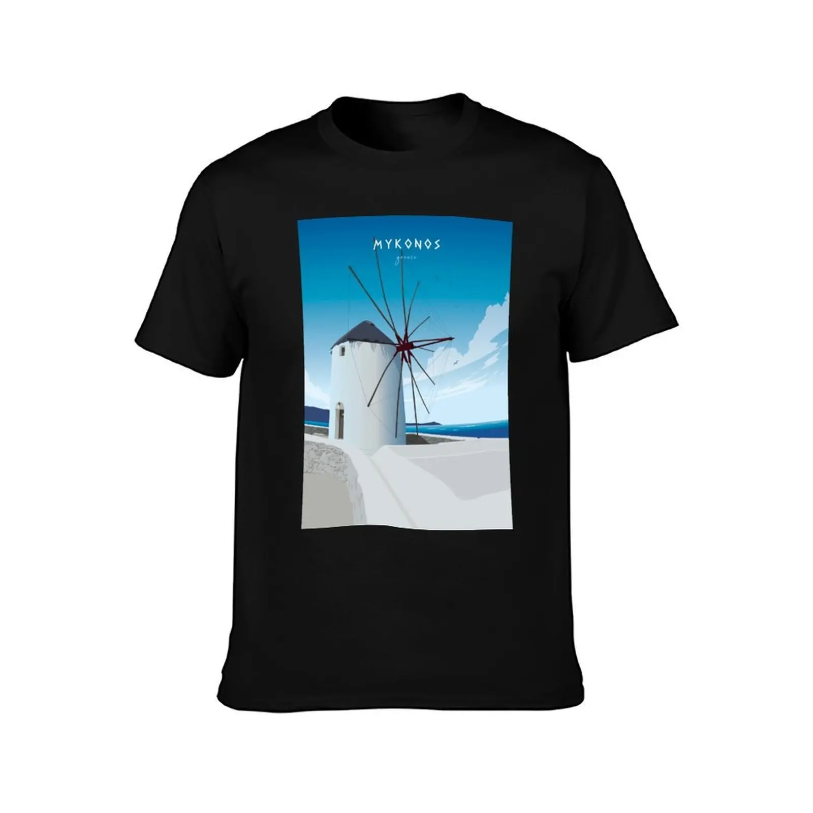 Mykonos Windmills T-Shirt, Summer Casual Cotton Tee, Oversized Streetwear Tops, Vintage Graphic Print, Loose Fit Short Sleeve