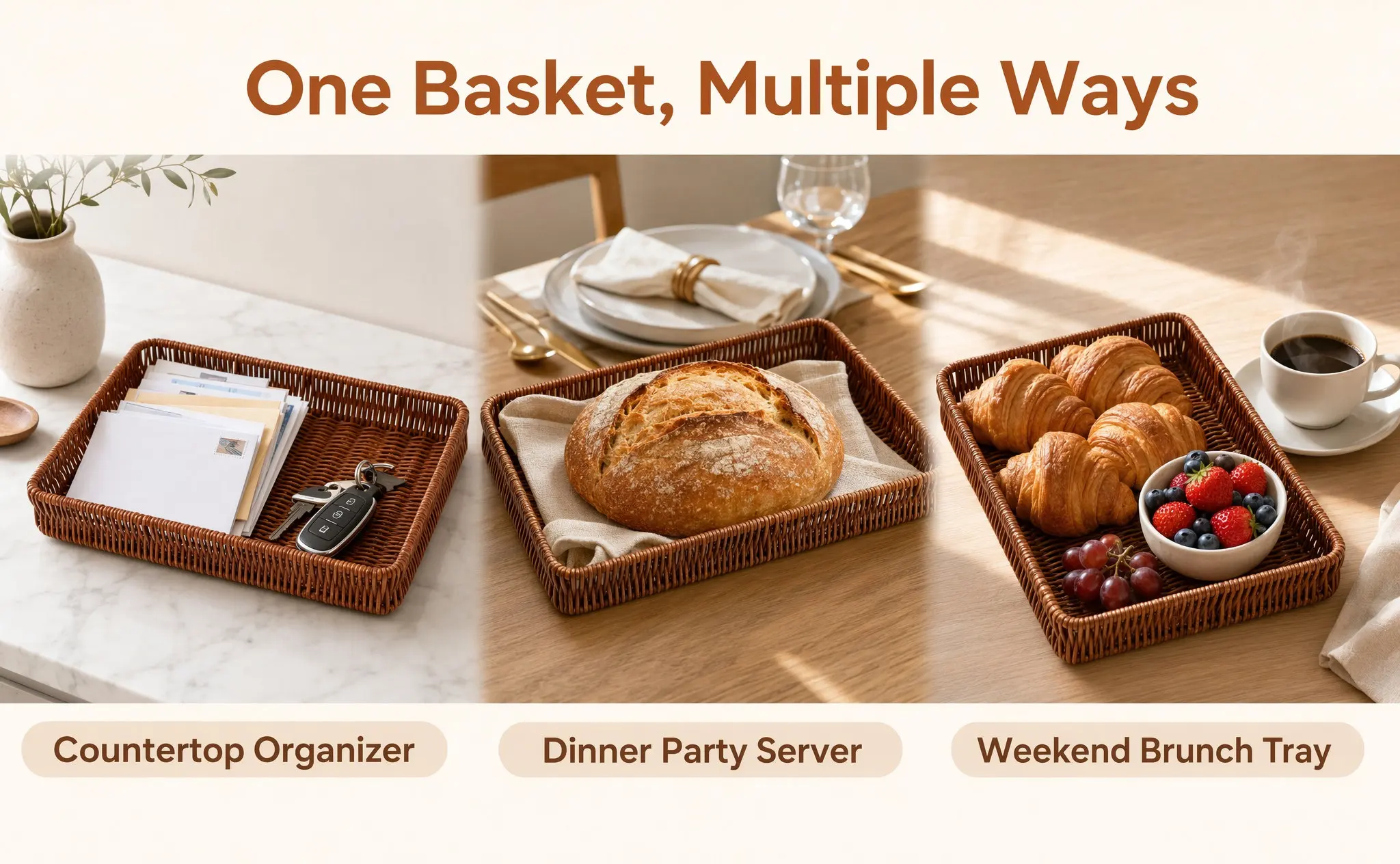 Handwoven Bread Basket Flat Serving Tray Multipurpose Fruit Vegetable Storage Bin Kitchen Countertop Display Basket