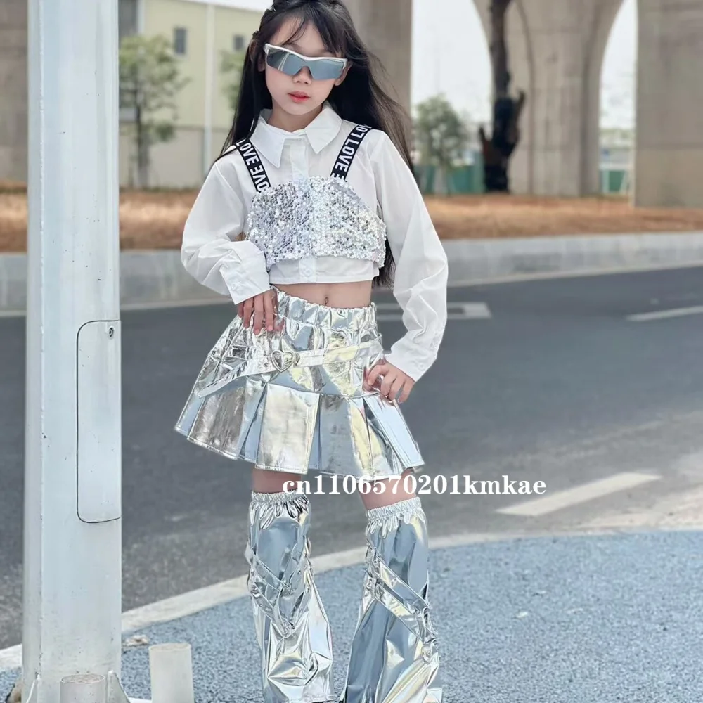 

New Girls Hip Hop Sets K-pop Sequin Crop Top Shirt Street Dance Silver Skirts Woman Streetwear Youth Jazz Costume Girl Clothes