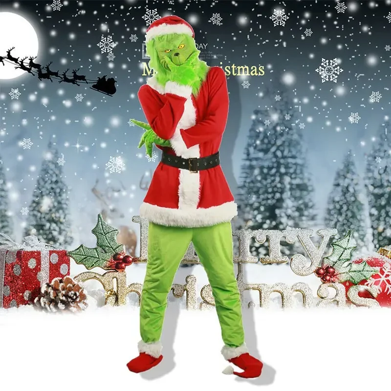 Disfraz de Papá Noel para Cosplay, vestido de fiesta de monstruo peludo verde Grinch, Tops de Navidad, pantalones, sombrero, guantes, cubierta de