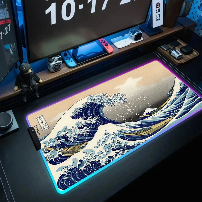 Imagem -05 - Rgb Mouse Pad com Tapete Backlight Grande Tapete de Mesa Led Japão Grandes Ondas Arte Kawaii Gaming Acessórios Teclado de Computador Xxl