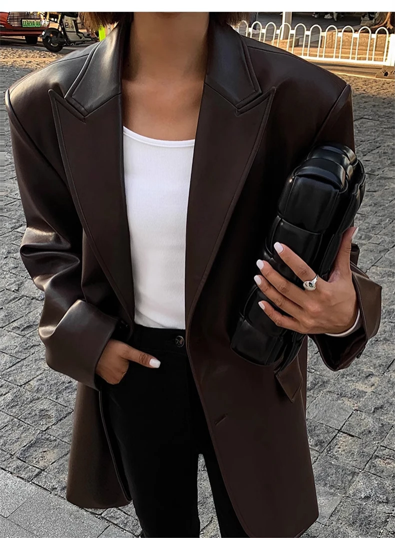 Lautaro Autumn Black Brown Soft  Pu Leather Blazer Women Shoulder Pads Long Sleeve Single Breasted Loose Casual Korean Fashion