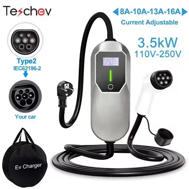 Teschev 220 V 230 V Draagbare Elektrische Auto Voertuigen EV Charger Type 2 16A 3.5kW Auto Oplaadkabel SAE J1772 Type 1 Wallbox