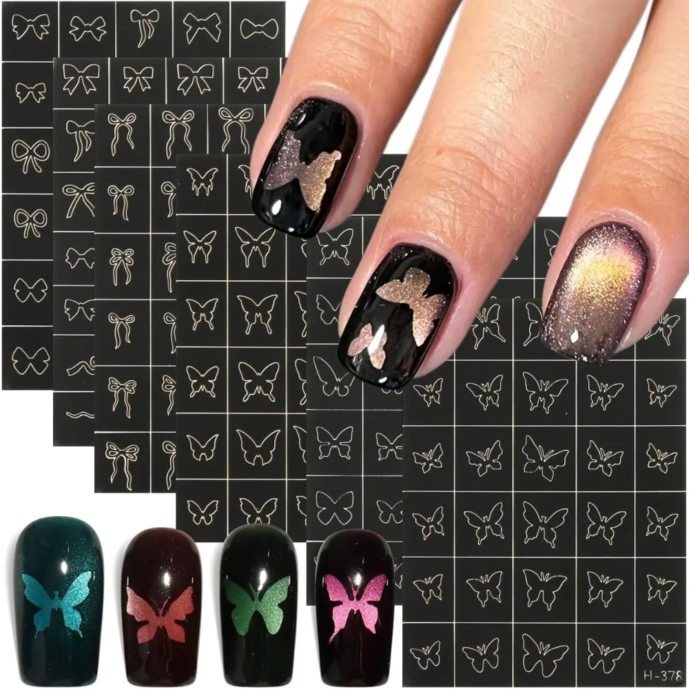 Airbrush Stencils for Nails: 6 Sheets of Butterfly Bows Hollow Stickers for Nail Art, Mixed Sizes, French Tip Guides and Decals