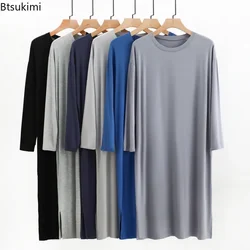 New 2026 Men's O-Neck Long Sleeve Robes Homewear Mid-long Knee Length Soft Comfortable Modal Nightwear Men Solid Thin Bathrobe