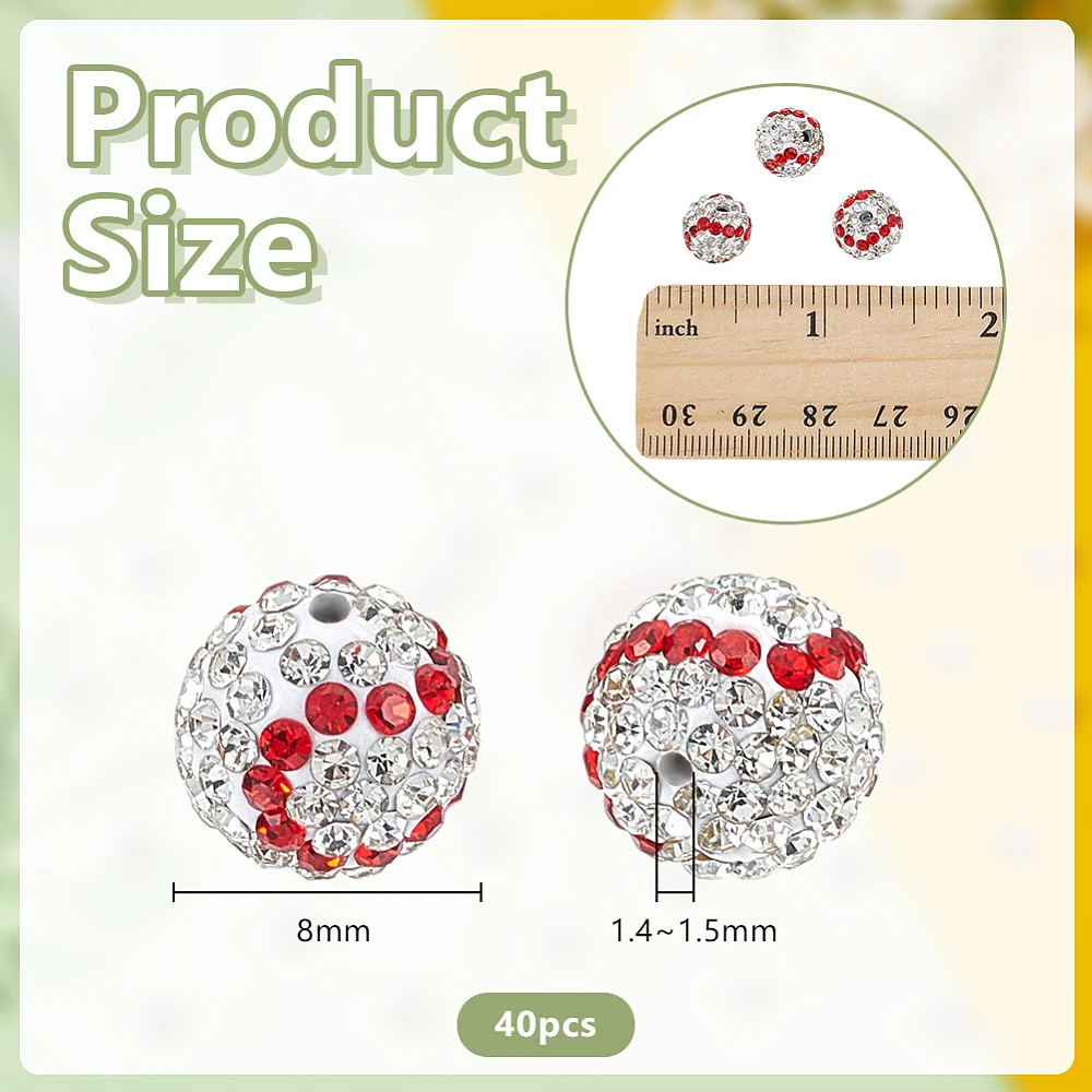 40 Pack 8mm Rhinestone Clay Beads Baseball Polymer Clay Jewelry Beads Pave Disco Ball Clay Bead Sports Round Spacer Bead for DIY