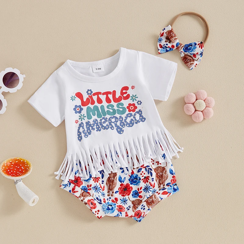 4th of July Baby Girl Outfits Letter Print Tassel Short Sleeve T-Shirt Shorts Headband Set Fourth of July Outfit