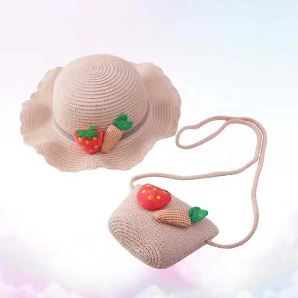 1 Set de Sombrero de Paja para Niños con Protección Solar, Rosa, 54 cm de Ala Ancha, Gorra de Playa para Exteriores, Bolso Bandolera, Disfraz de Princesa para Cosplay de Verano