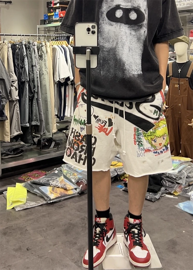 Vintage Japanese High Street Cartoon Graffiti Print Washed Retro Shorts Casual Loose Pure Cotton High-quality Sports Shorts