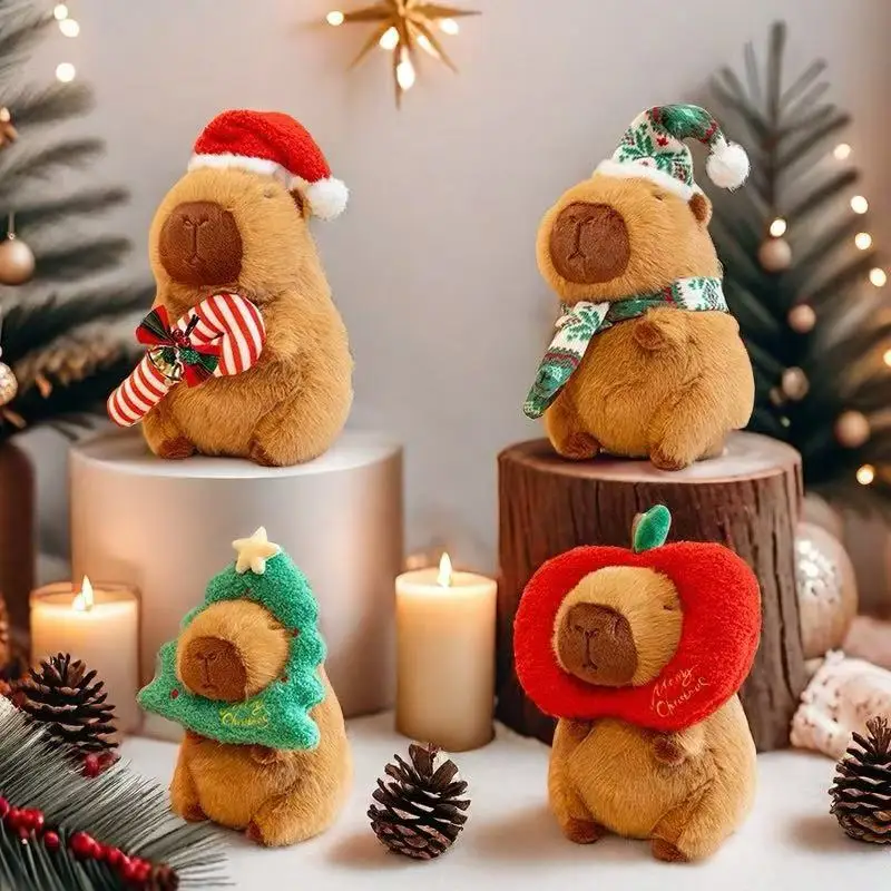 25CM Kawaii Christmas Capybara Plush Toys Capybara Doll With Red Apple Green Tree Candy Decor Xmas Birthday Gift For Kids