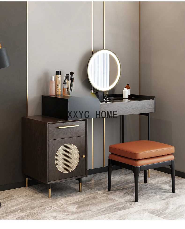 

Nordic Simple Rattan Comb Dresser Storage Cabinet Small Apartment Makeup Table with LED Light Dresser