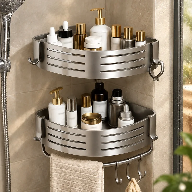 Drill-Free Aluminum Bathroom Corner Shelf with Towel Bar and Plastic Hooks, Available in 1 to 3 Units