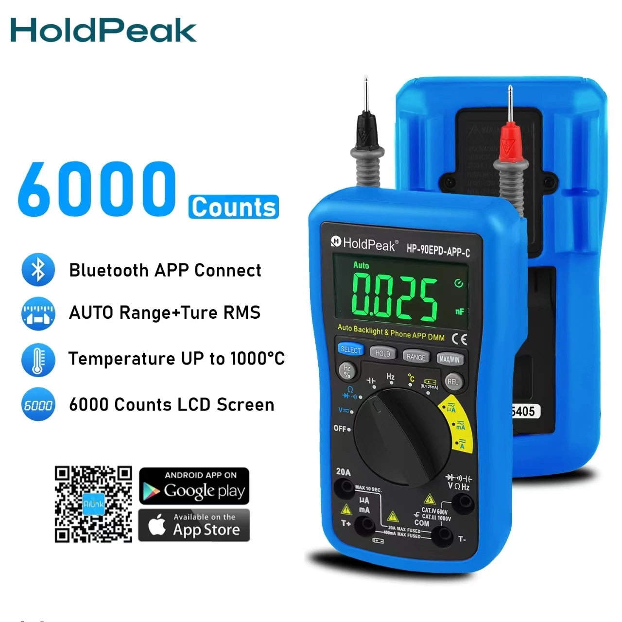 

HoldPeak Smart Multimeter with Auto-Save, Resistance/Voltage Measurement & 1.5-12V Battery Tester - Portable Digital Tool