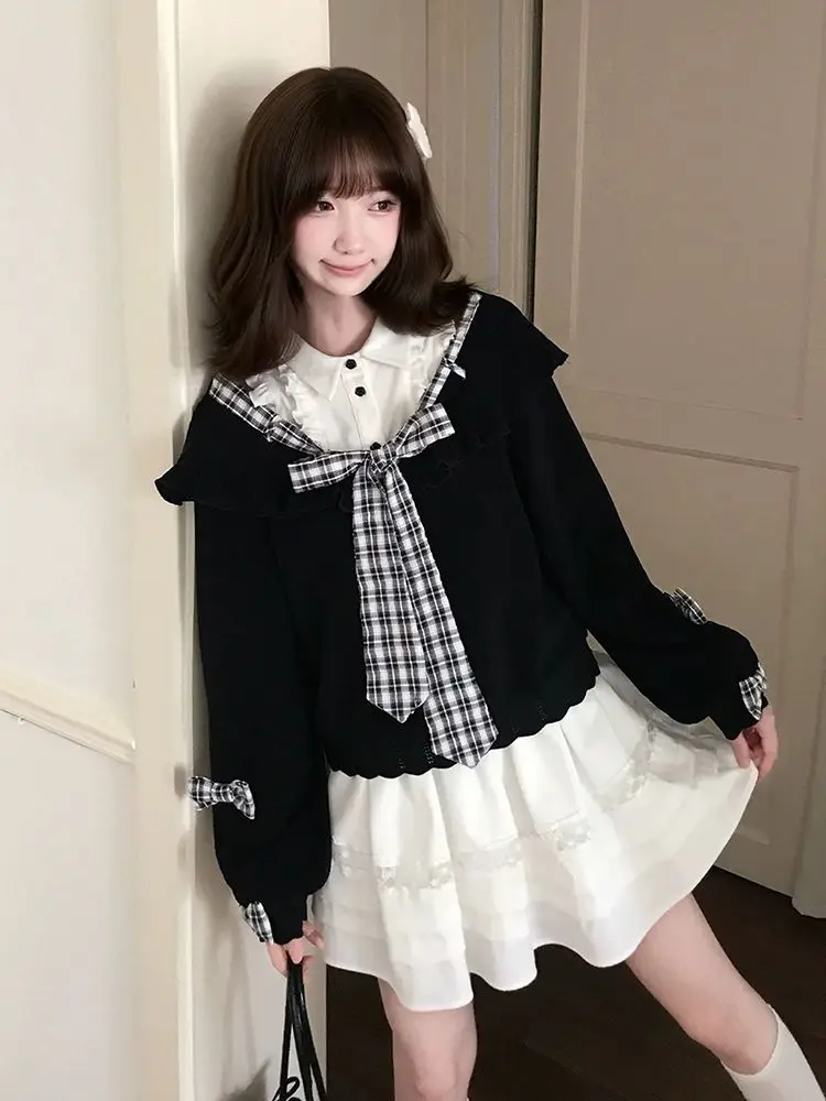 Vintage Naina Sweet Wind Long Sleeve Off Shoulder Top White Folded Half Skirt Japanese Y2k Harajuku Cute 2-piece Set 니트 스커트