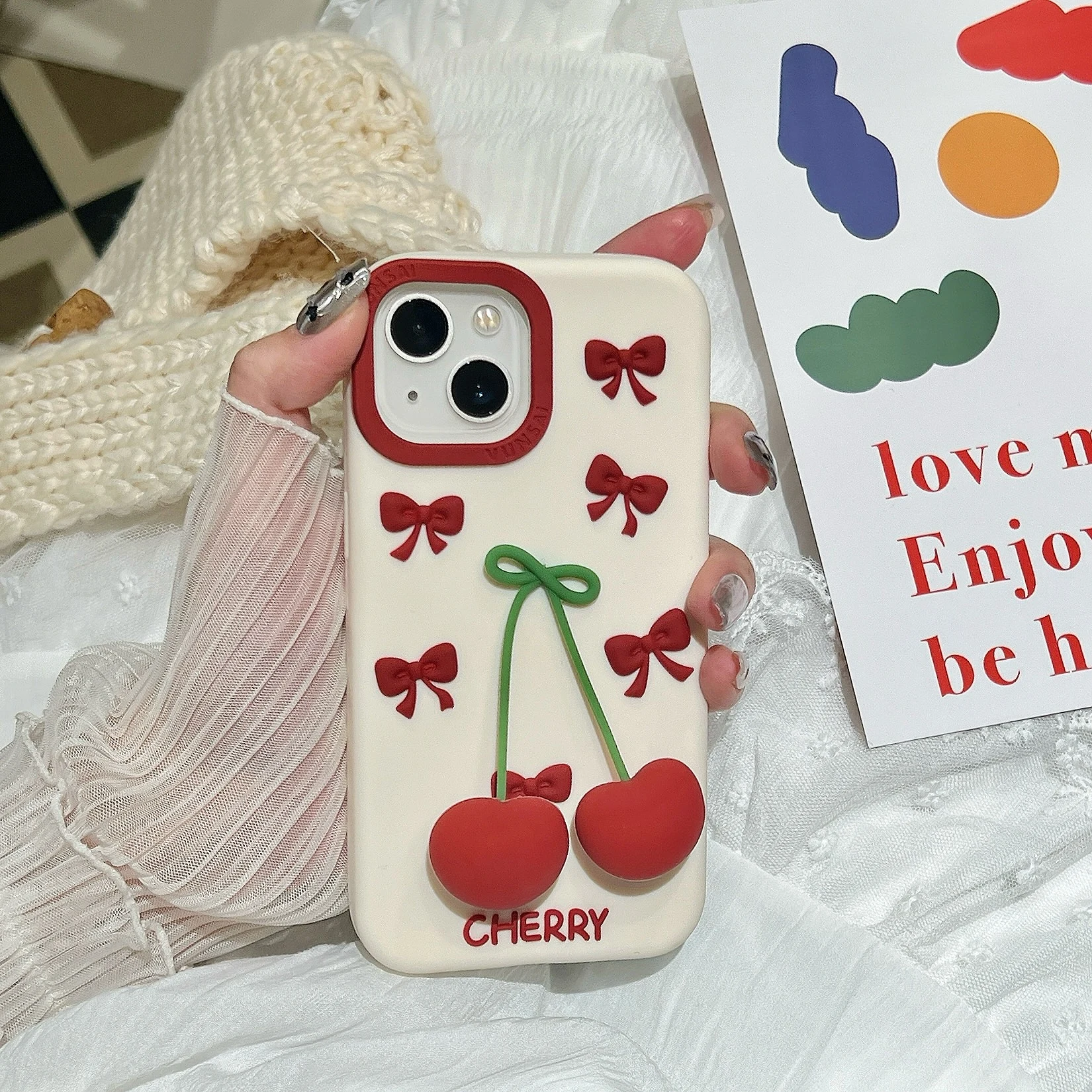 

Atmospheric Sense Bowknot Wiggable Cherry Red Border Cute Originality Phone Case For iPhone 13 14 15 16 Pro Max Anti Drop Case