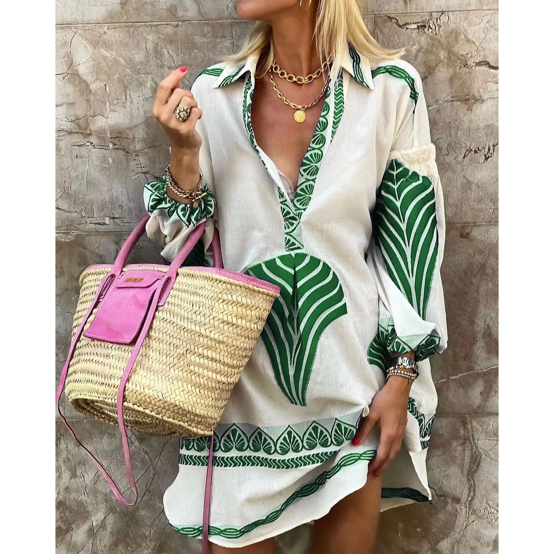 BWQ Casual Beach Vacation Long Shirts Midi Dress For Women Long Sleeve V-neck Top Female Summer Holiday Loose Lady Work Tops