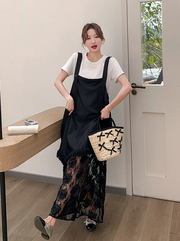 

Summer Lace Splice T-shirt Dress Set Women's High Waist A-Line Skirt Short Sleeve round Neck Two-Piece Suit Korean Style