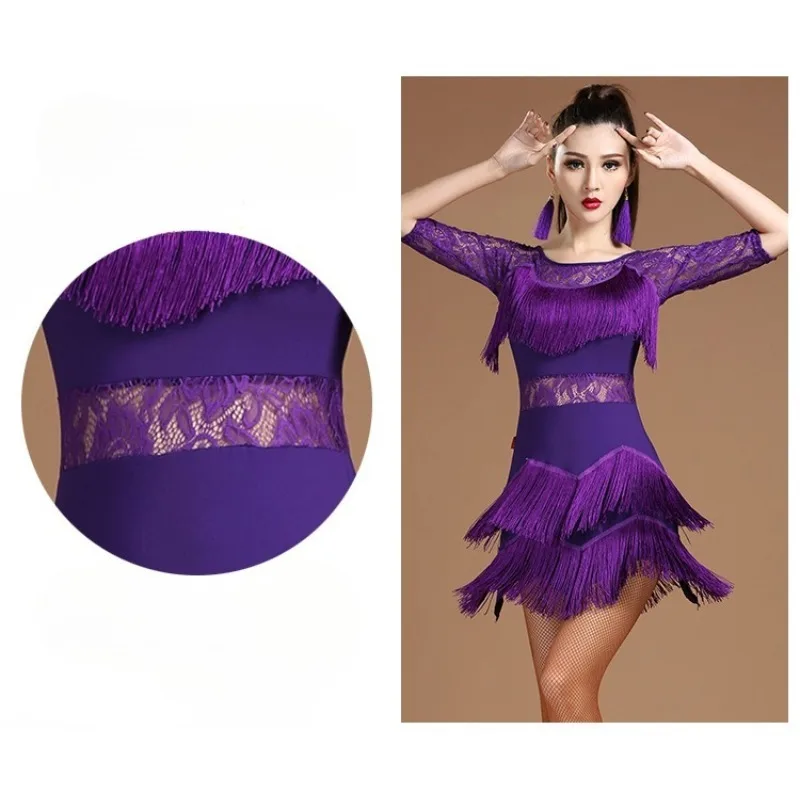 فستان رقص لاتيني جديد للنساء البالغات زي أداء من الدانتيل هامش قاعة الرقص المنافسة #6