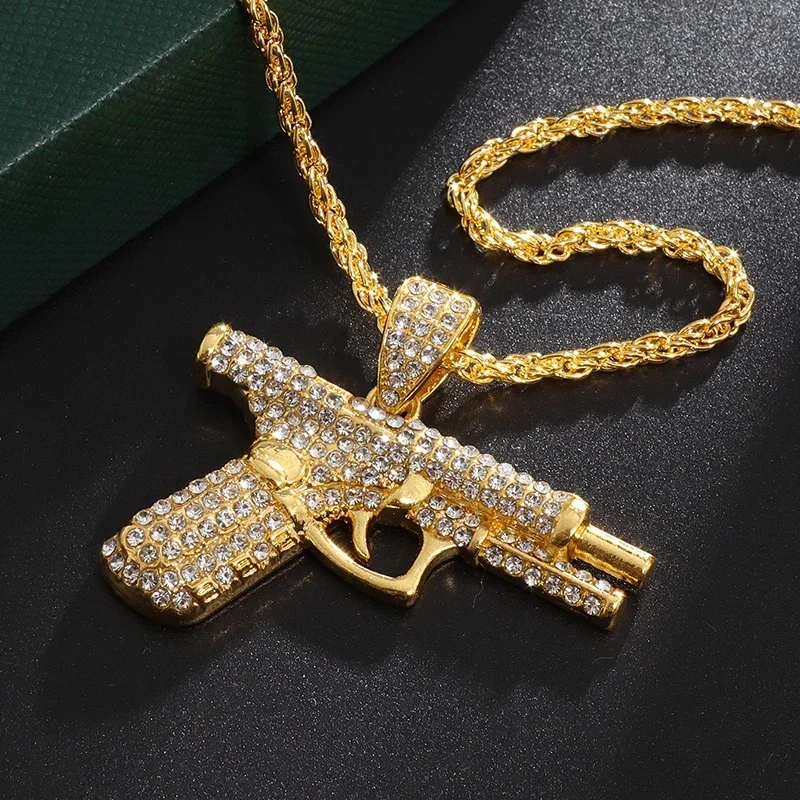 Bling Iced Out Pistol Pendant Submachine Gun Necklace Men Personality Hip Hop Rock Punk Cool Street Party Jewelry
