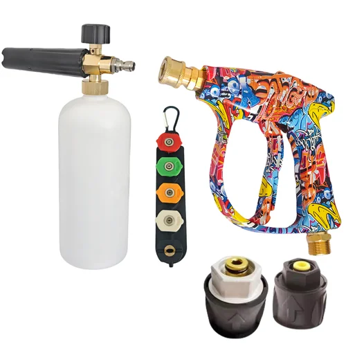 Pistola de agua de alta presión de 4350PSI, diseño de graffiti, adaptador rápido Karcher, pistola pulverizadora de espuma de 1L, juego de boquillas rápidas de 1/4"" con base de goma
