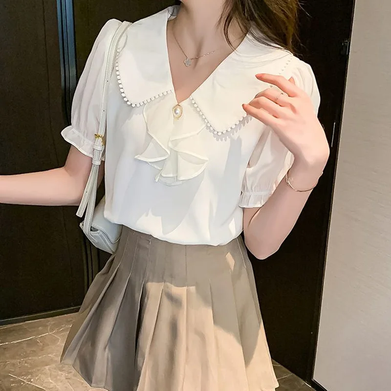 Summer New Short Sleeve White Chiffon Shirt Tops Solid Color Youth All-match Elegant Blouse Fashion Temperament Women Clothing