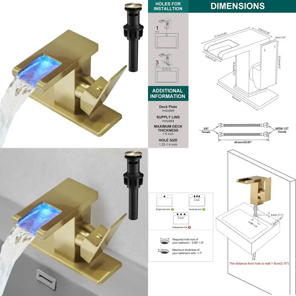 

Смеситель-водопад со светодиодной подсветкой из матового золота с одной ручкой, смеситель для раковины с одним отверстием, меняющим цвет светом, выдвижным сливом и опорами из нержавеющей стали