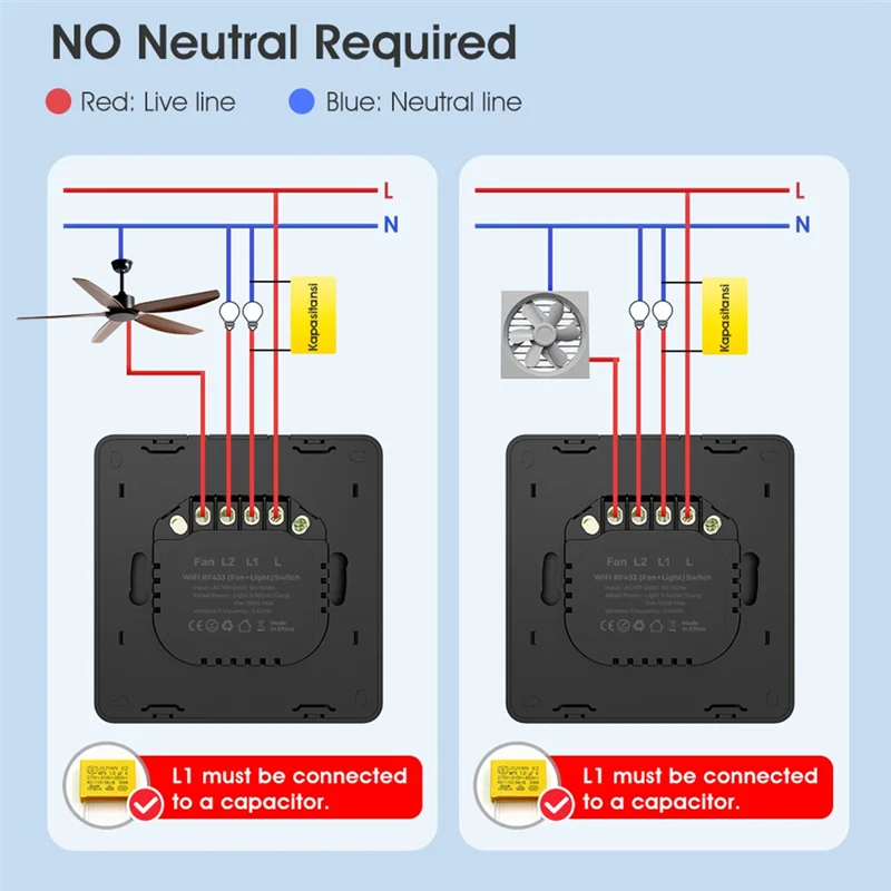 

N85R-Smart Switch Вентилятор Свет 2-полосный RF433 Пульт дистанционного управления Настенный сенсорный переключатель Tuya Smart APP Голосовое время A