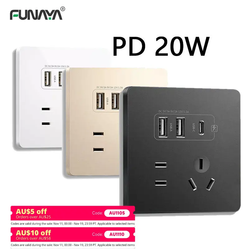 

AU Wall Sockets 2 USB 5V 3A 1 1 Outlets Type-c PD 20W Quick Charge QC 86mm AC 110v 220v 2500W 10A Black White Grey Home Socket