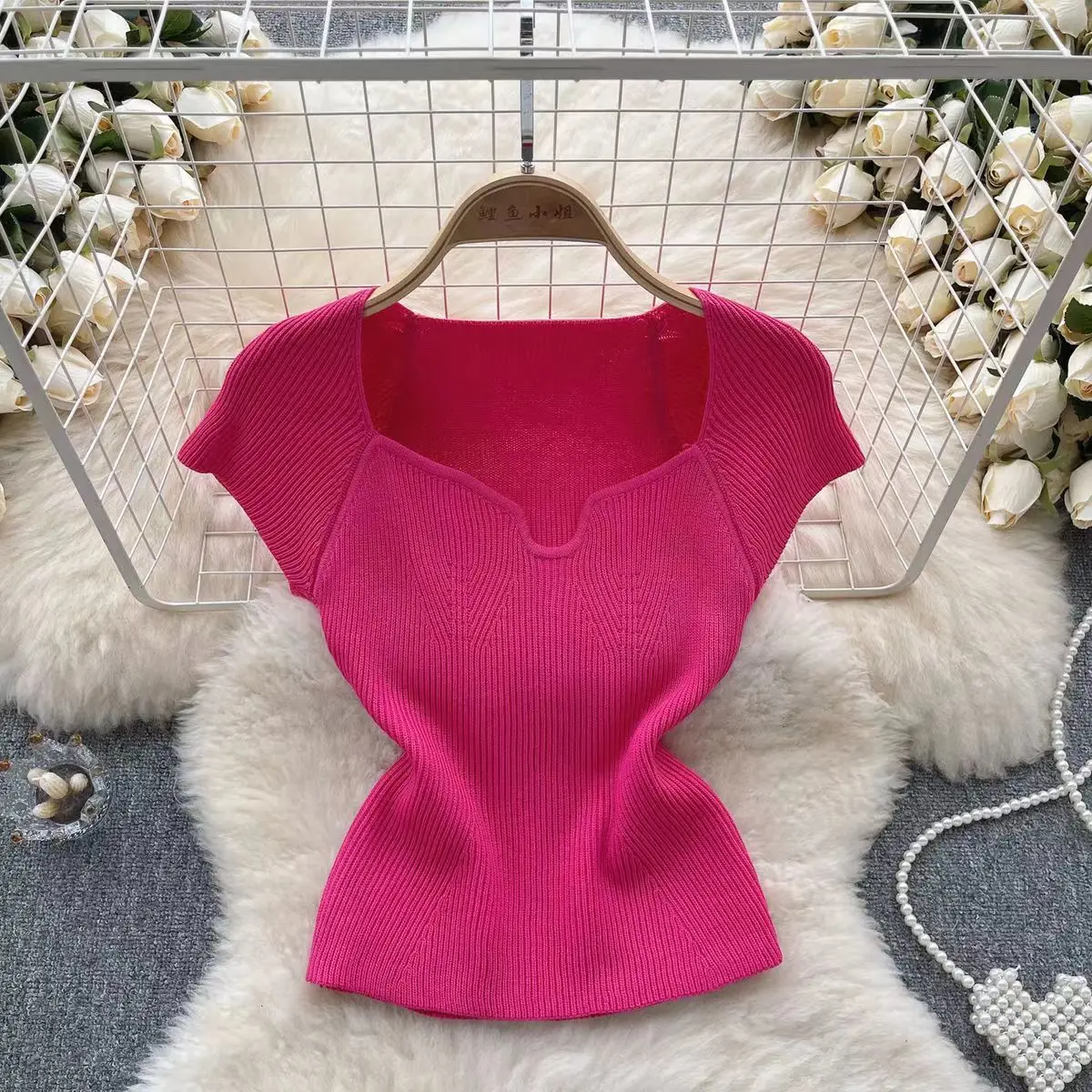 2024 Summer French Style Solid Color Square Neck Knitted Short sleeved T-shirt Women Simple Sweater Pullover Slim Top Women