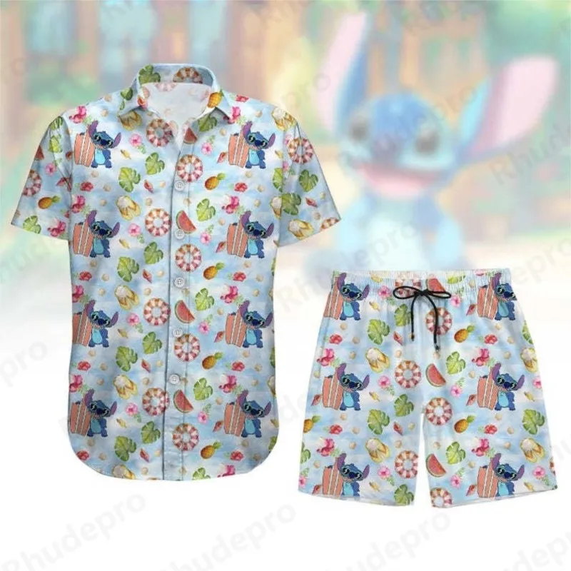

Disney Stitch Hawaiian Shirt Button Shirt Shorts Aloha Shirt Men and Women Cartoon Movie Shorts Casual Leisure Shirts Suit