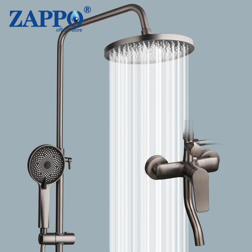 ZAPPO Bathroom Grey Shower Faucet Set w/ Hand Sprayer Rainfall Shower Head 3 Function Mixer Shower Systerm Bathtub Tap