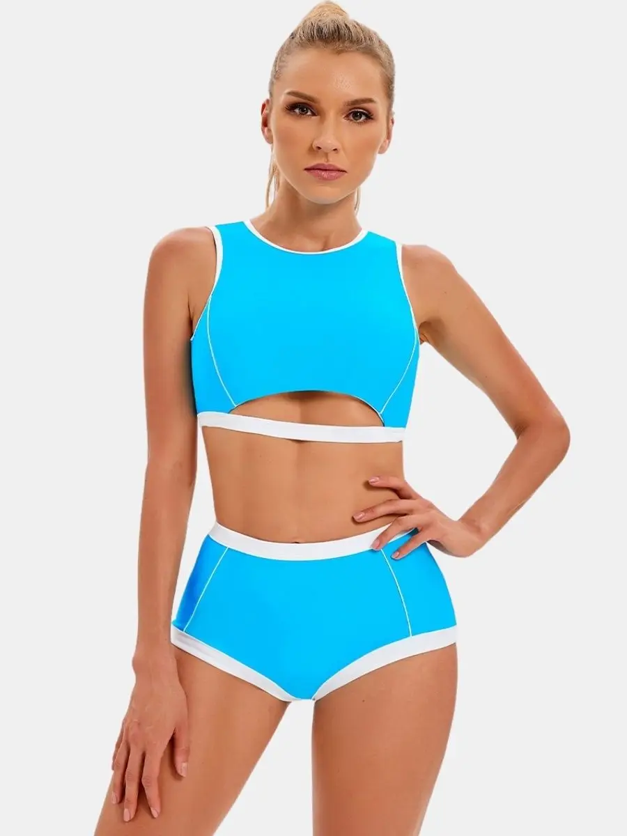 

Color Block Bathing Suit Open Back Quick Dry Surfing Suit Training Swimwear Athletic Two-piece Women Sports Swimsuit