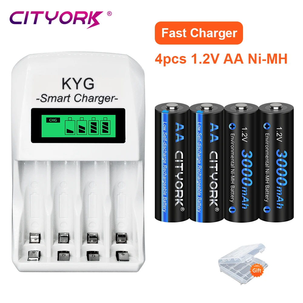 CITYORK 1.2V AA Rechargeable Batteries LR06 AA Cell 3000mAh Ni-MH AA Rechargeble Battery With Battery Charger+AA/AAA Battery Box