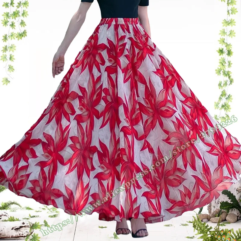 2025 Summer Chiffon Printed red large flowers pattern Female Flowy Long Skirt for Women Elegant Women's skirts