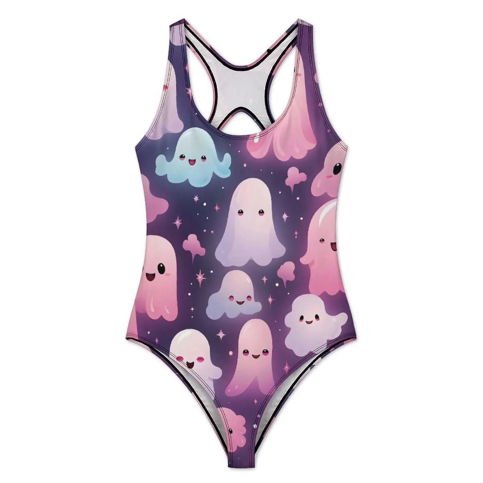 Cartoon Pink Ghost Swimsuit Sexy Funny Halloween One Piece Swimwear Push Up Bodysuit Trend Holiday Surf Bathing Suit
