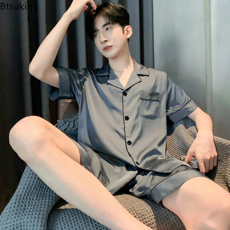 2025 Men's Pajama Sets Silk Satin Pijama Turn-down Collar Sleepwear Short Sleeve Summer Nightwear Male 2 Pieces Sets Homewear