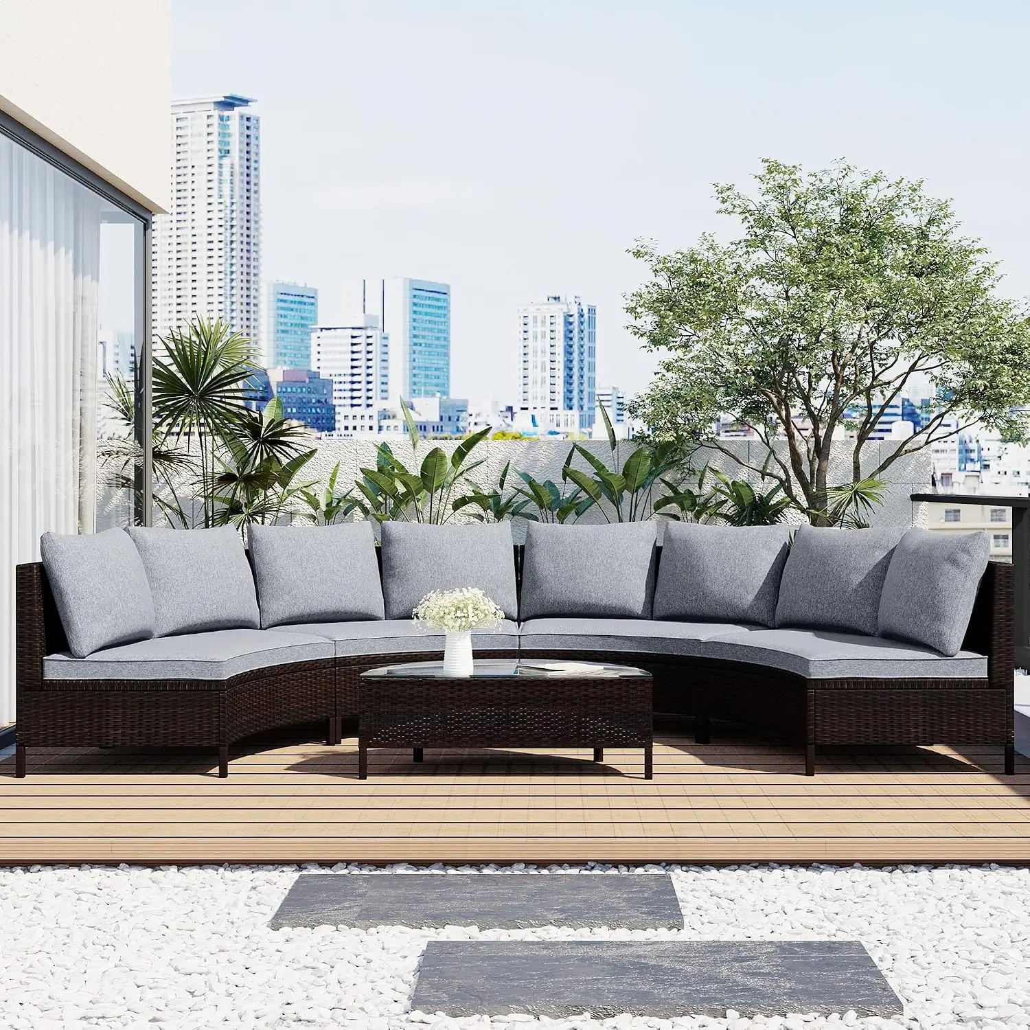 Wicker Rattan Patio Set with Half-Moon Glass Table, 5-Piece Outdoor Sectional Sofa with All-Weather Cushions, Customized