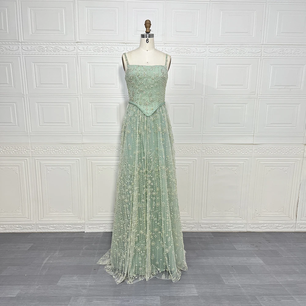 فساتين سهرة أنيقة بحمالات رفيعة 2025 على شكل حرف A بياقة مربعة مطرز لحفلات الزفاف الرسمية للنساء حسب الطلب