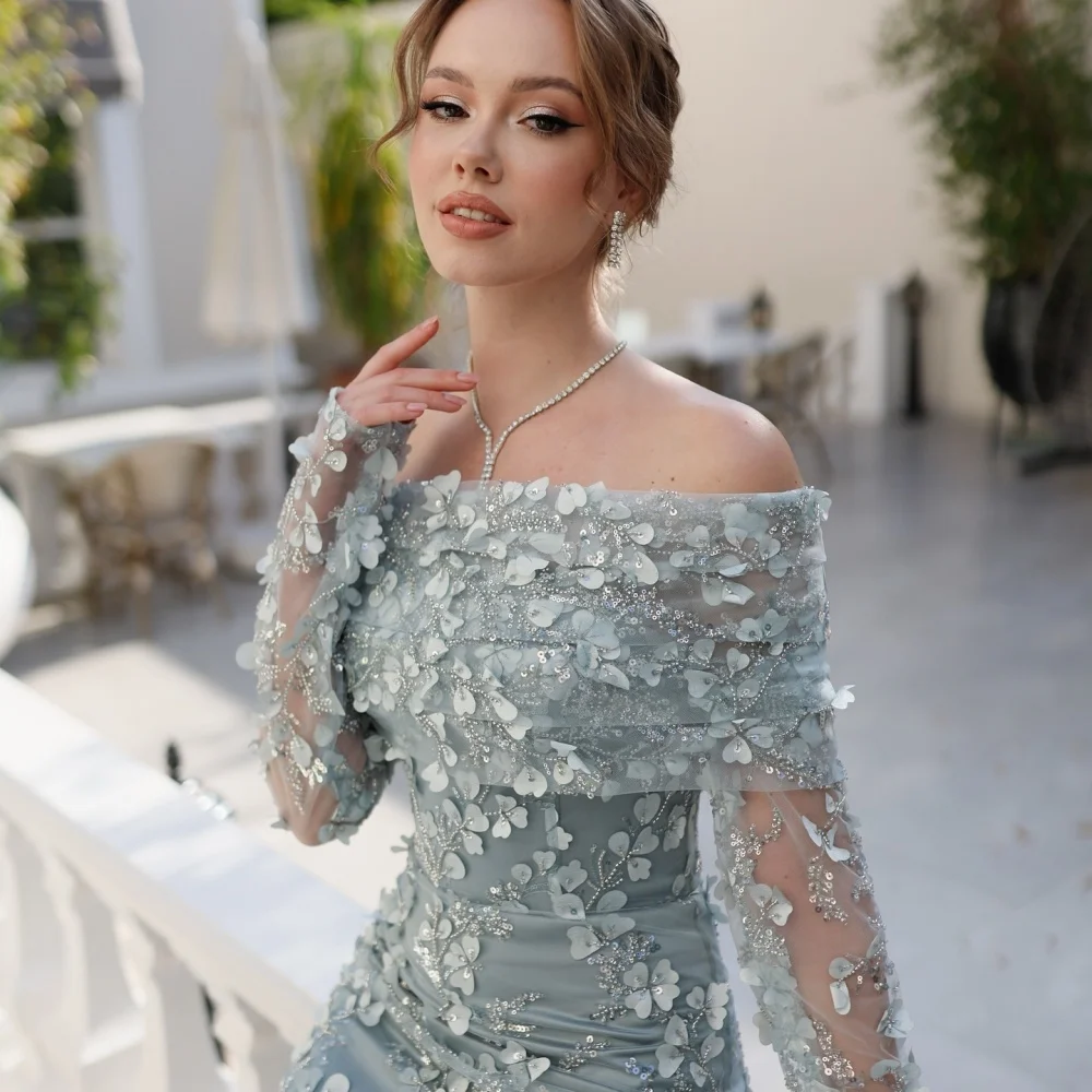 Amanda Personalizzato Fiori Blu Ricami Perle Pizzo robes de soirée Abiti da festa con spalle scoperte Abito da ballo alla caviglia