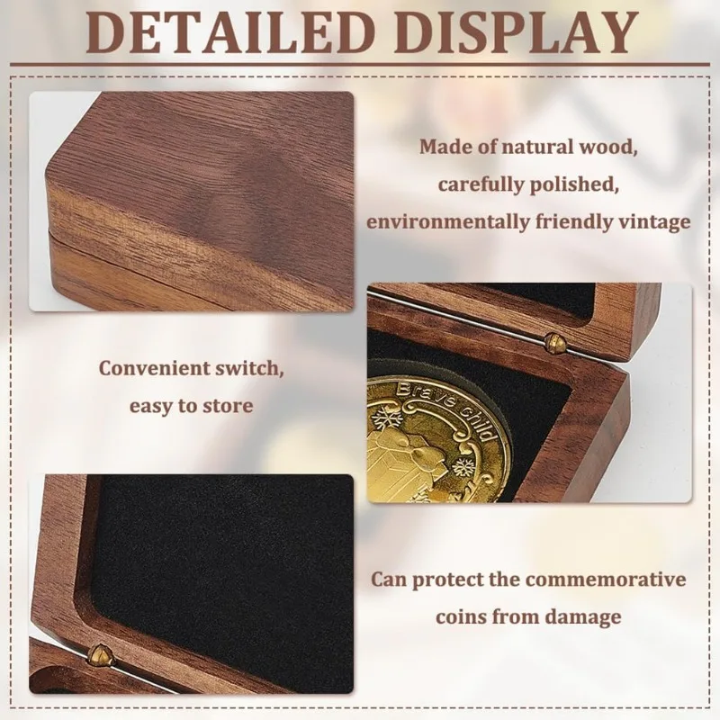 1 Set Single Wood Challenge Coin Presentation Display Gift Box with Black Velvet Inside 40mm Coin Storrage Box Clasp