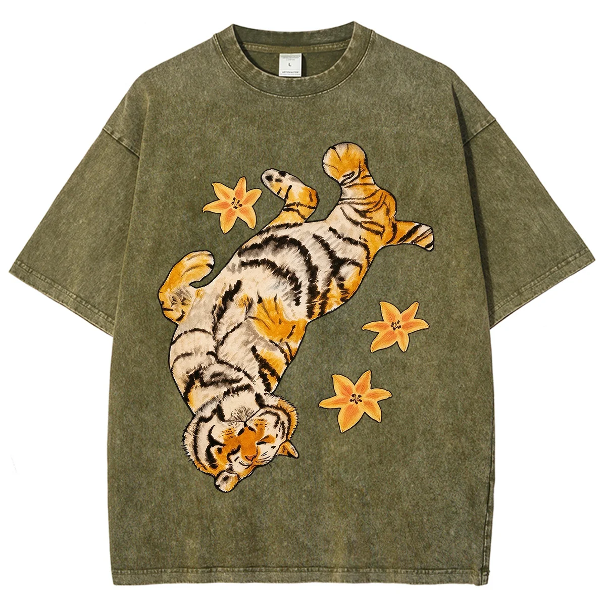 Unisex Vintage Washed Olive  T Shirt Men Women Retro Watercolor Tiger Lily Flower Graphic Print Short Sleeve Oversized Casual