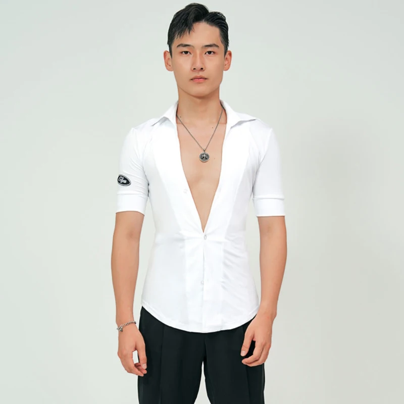 

Костюмы для латинских танцев 2025 для мужчин, тренировочная одежда с короткими рукавами, чача-румба, топы для взрослых и мужчин, топы для латинских танцев DQS18668