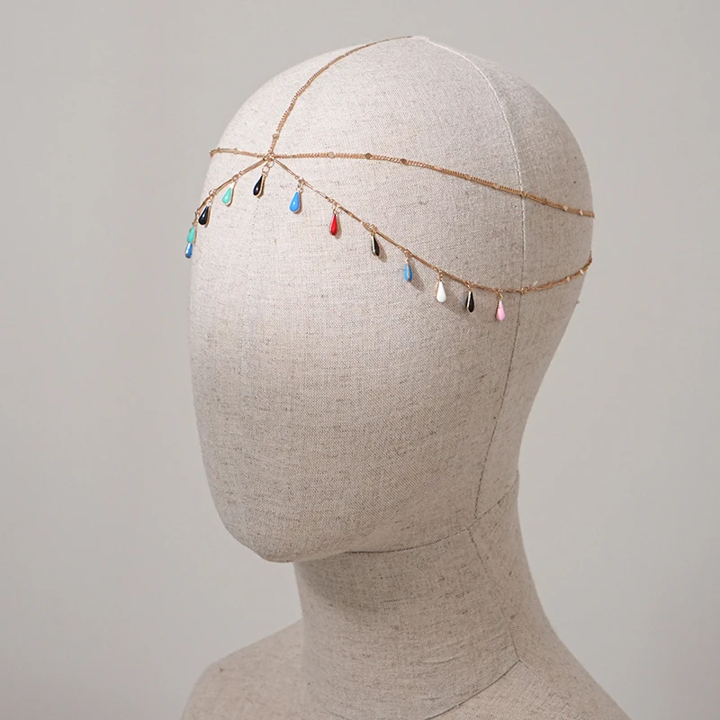 Exotic Style Multi-layer Gold Headband Fashion Color Water Drop Pendant Hair Accessories Holiday Photo Party Headdress