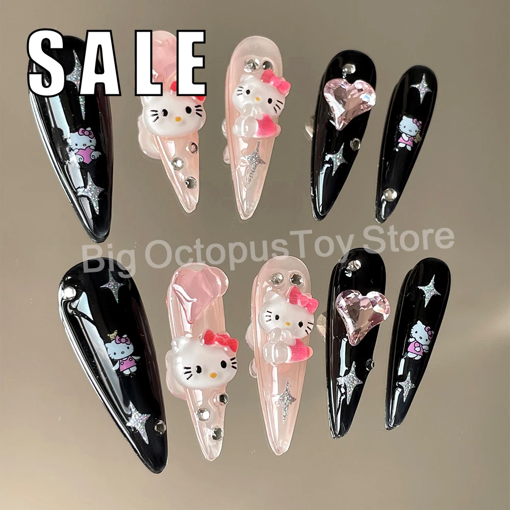 

10Pcs Sales Promotion Sanrio Hello Kitty Long Stiletto Finished Fake Nails Rhinestone Design Star Detachable Press On Nails