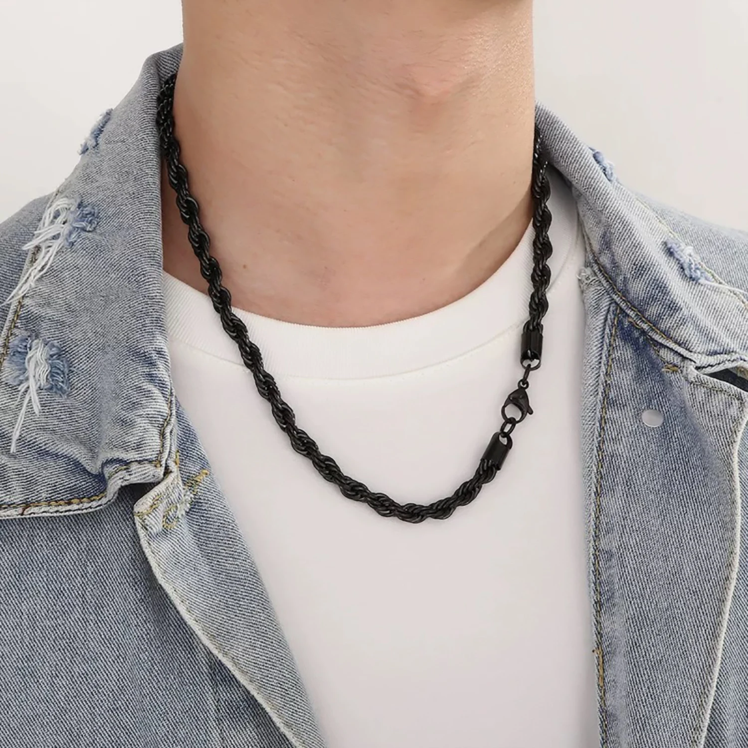 2-6MM Klassische Schwarze Gedrehte Seilkette aus Edelstahl, Wasserdichte Hip-Hop-Metallkette für Männer und Frauen – Detail 4