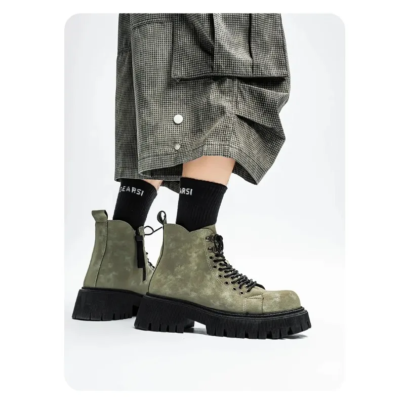 

Mens Motorcycle Boots Zipper Design High Top Shoes Lace Up Cow Suede Anke Boots Thick Bottom Casual Shoes