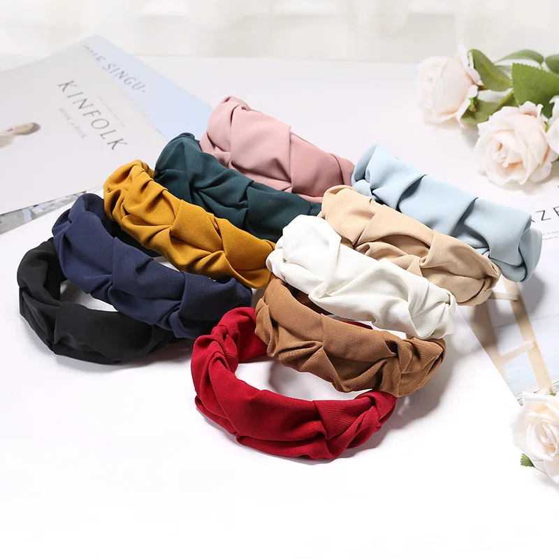 

Korean Retro Colorful Hair Band Pleated Fabric Headband for Women High Forehead Compression Hair Bundle Simple Hair Accessory