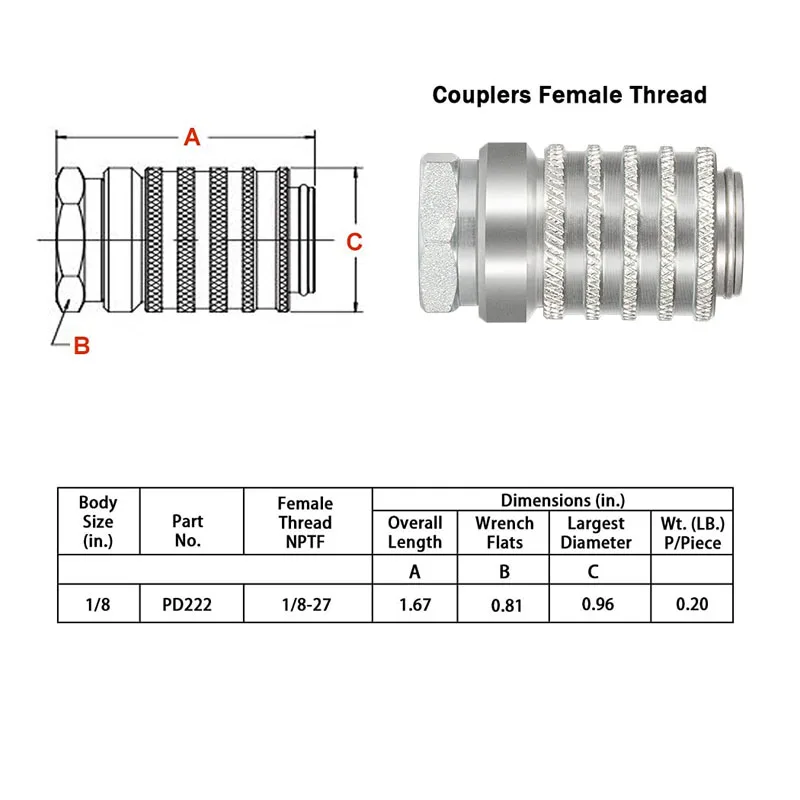 PD222 Test Port and Diagnostic Equipment Quick Couplings (ISO 15171-1), 1/8" Body Size, 1/8"-27 NPTF Thread Size, 1.67" Lengt