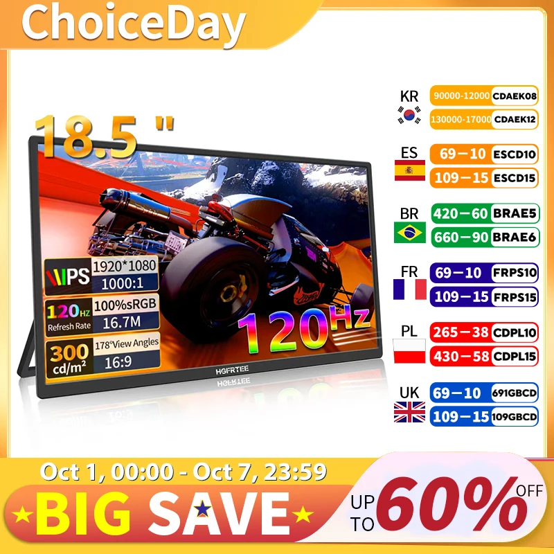 

HGFRTEE 18,5 "Full HD портативный монитор компьютерный игровой дисплей 120 Гц 100% sRGB с двумя динамиками VESA для ПК, ноутбука, Xbox Switch