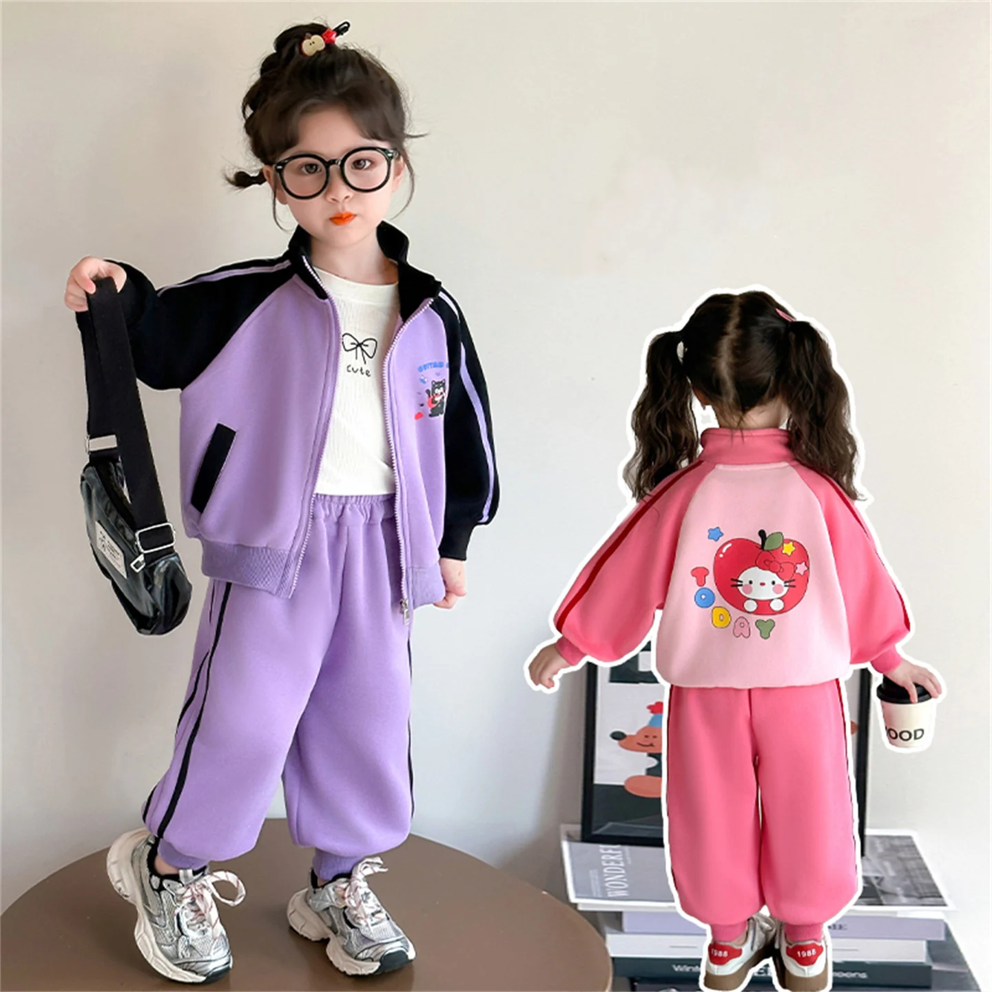 

2Pcs Anime Hello Kitty Girls' Coat and Pants Set Sweet Children's Baseball Jacket and Sports Pants Set Spring Autumn Clothing